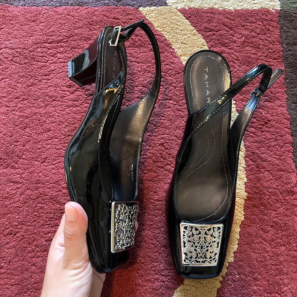 y2k tahari patent leather black sling back heels unique silver square toe funky